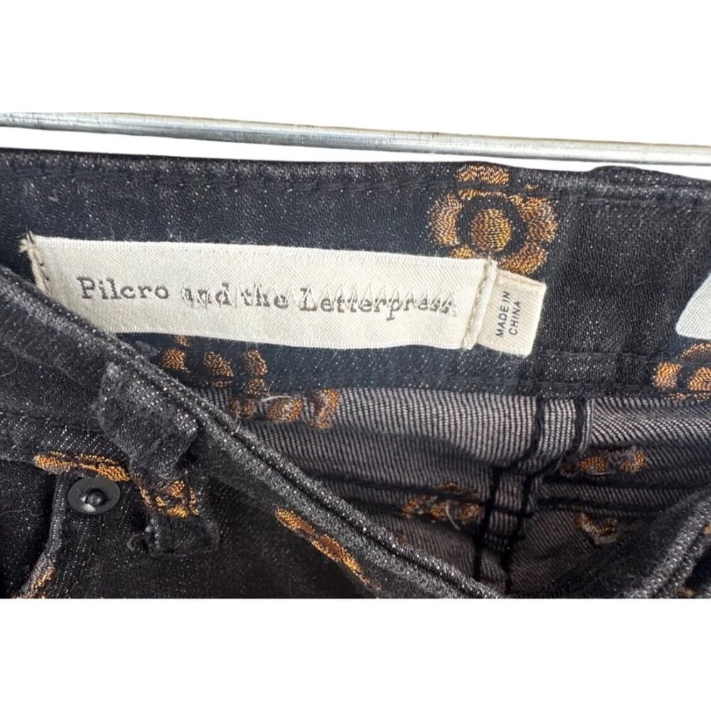 Pilcro & the Letterpress Black Jeans Sz 25 Slim Straight Gold Floral Embroidered - Picture 5 of 11